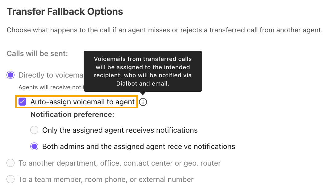 Settings for call transfer options, highlighting auto-assign voicemail to agent feature.